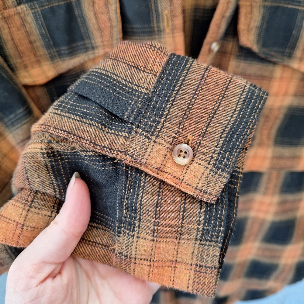 Spoon Jeans Women's Oversized Hi-Lo Plaid Flannel Size Medium Orange And Black - Picture 9 of 11